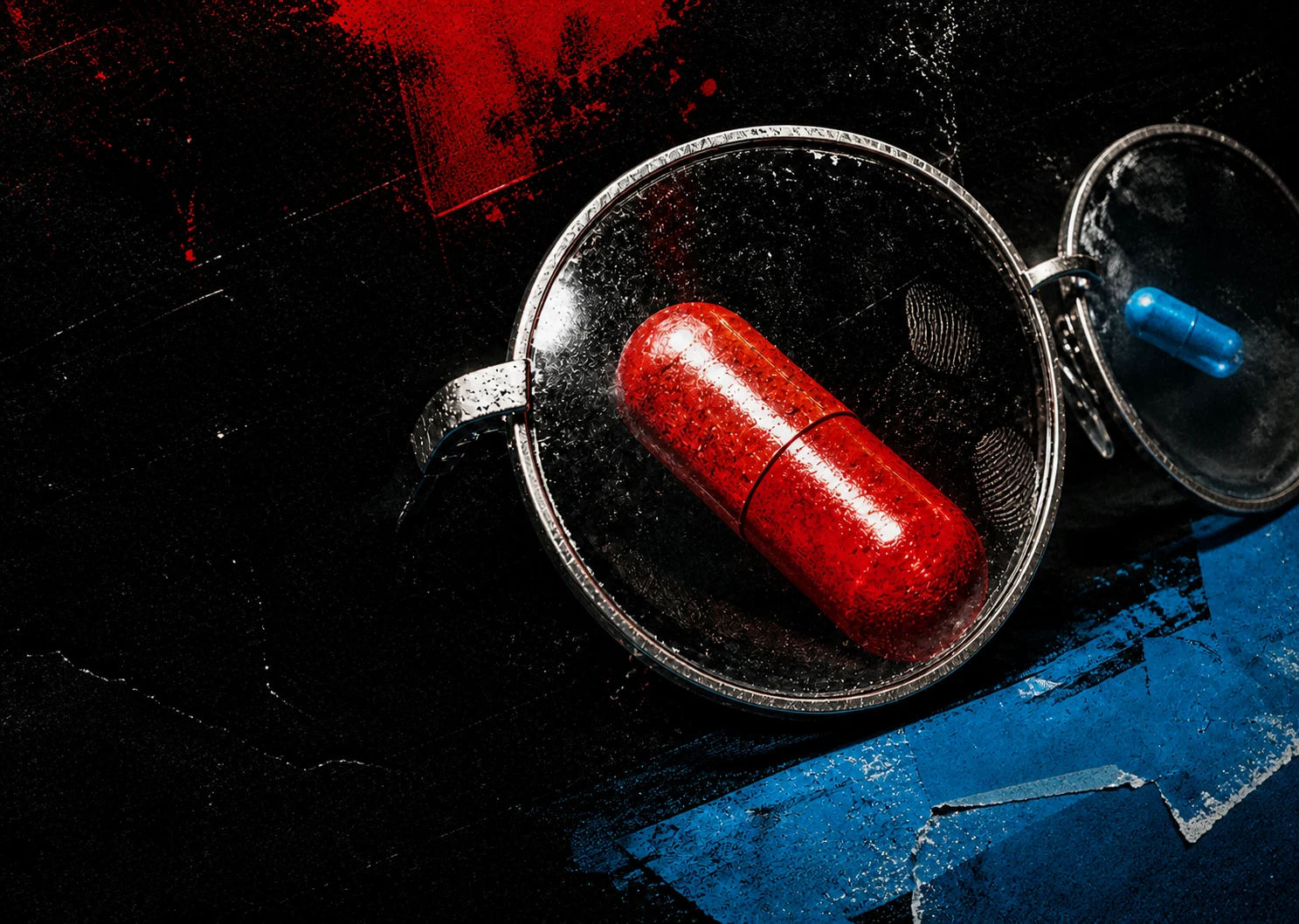 Scuffed round sunglasses reflecting one red capsule and one blue capsule
